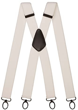 Olata Breite und Robuste X-förmige Hosenträger mit Karabinerhaken – 4 cm breit, Verstellbar, Unisex, Ideal für Arbeit und Alltag. Weiß (Schwarz Clips)