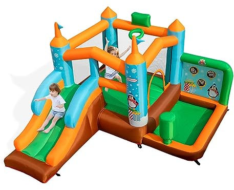 DREAMADE 6 in 1 Aufblasbare Hüpfburg mit Sprungbereich, Rutsche, Boxsäule, Bällebad, Basketballkorb & Wurfspiel, Outdoor Spielcenter für Kinder 3-12 Jahre, 335 x 300 x 200 cm