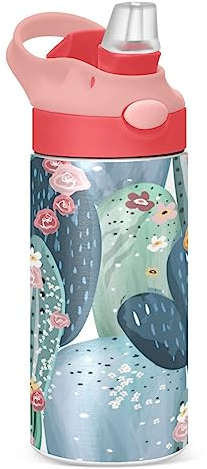 JUMBEAR Vintage Kakteen Kinder Wasserflasche mit Strohhalm, BPA-frei, auslaufsicher, 350 ml Trinkflasche, umweltfreundliche Tritan-Sport-Wasserflasche für Kinder, Ein-Klick-Klappdeckel