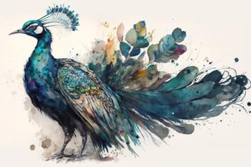 adrium Acryl-Bild 60 x 40 cm: Pfau, Seitenansicht eines schönen Vogels mit Schwanz. Tierische Aquarellillustration, generative KI. (198853523)