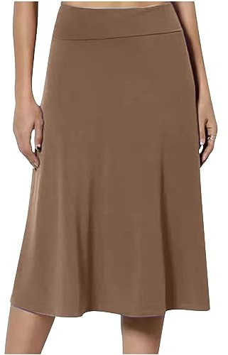 Coffee Midi Skirts for Women UK Elasticated Waist Skirts Pleated A Line Knee Length Jersey Pencil Skirt Casual Summer Swing for Office Work Holiday Skirt