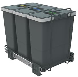 Handle & Home 400mm Grey Cabinet Bin Base Mounted 3 x 12L Integrated Pull Out Waste Recycling