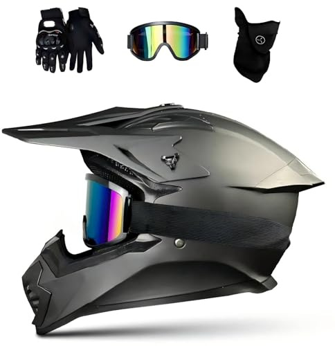Motocross MTB Helm Fullface, Erwachsener Cross Helm mit Brille Maske Handschuhe, Motorrad Downhill Full Face Helm ATV Motorradhelm Inklusive 3 Größen Helmfutter (Schwarz mit 3-teiligem Set, M-L-XL)