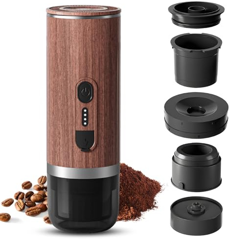 Dioche Machine à café Expresso électrique Portable – Mini Cafetière 3 en 1 à Chauffage sans Fil avec Pression de Pompe de 20 et Batterie de 7 500 MAh pour le Camping et les Voyages (Bois)