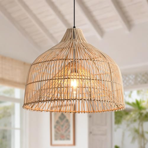 Parrot Uncle Rattan-Pendelleuchte, 50cm Natürlicher Bambus Lampenschirm, Korb Hängelampe, Höhenverstellbar, E27-Fassung für Esszimmer, Wohnzimmer, Schlafzimmer, Flur(keine Glühbirne) [Energieklasse A]