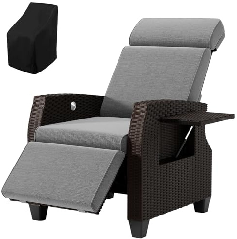 NJUN Fauteuil Relax Jardin en Résine Tressée avec Fonction Inclinaison 90°-170°, Fauteuil Lounge Extérieur Réglable avec Tablette Rabattable et Coussins Amovibles, pour Terrasse Balcon Jardin