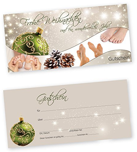 50 Weihnachtsgutscheine Gutscheinkarten XMAS STARS GREEN FUßPFLEGE mit weißtransparenten Umschlägen für Fußpflegestudio Gutscheine Geschenkgutscheine