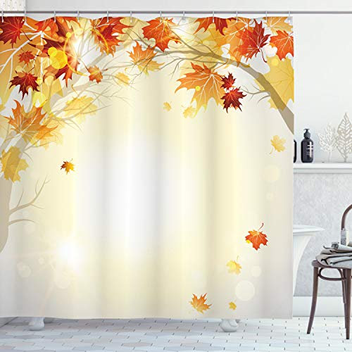 ABAKUHAUS Blätter Duschvorhang, Herbst-Blätter und Baum, Stoffliches Gewebe Badezimmerdekorationsset mit Haken, 175 x 180 cm, Creme Orange