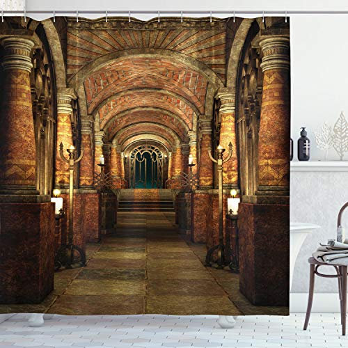ABAKUHAUS gotisch Duschvorhang, Secret Passage Medieval, Stoffliches Gewebe Badezimmerdekorationsset mit Haken, 175 x 200 cm, Brown und Rot