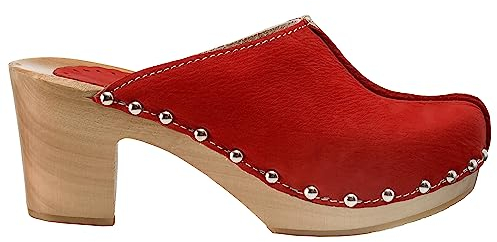 ESTRO Damen Clogs Leder Schuhe aus Holz CDL03 (Rot, 39)