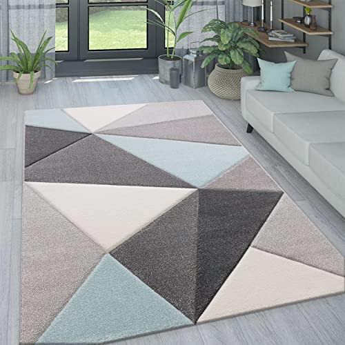 Paco Home Wohnzimmer Teppich in Pastell Farben, Moderne Rauten Dreieck u. Zick-Zack Muster, Grösse:120x170 cm, Farbe:Türkis