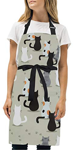 FVFV Süße Schwarze Weiße Katze Schürze Kochschürze Wohnküchen Latzschürze Damen Herren 2 Taschen Verstellbarem Nackenband Küchenschürze für Kellner Koch