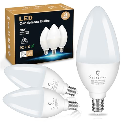 Sailstar Candelabra Light Bulbs 60 Watt Equivalent, 4000K Natural Daylight, 5W E12 Small Base Type B LED Bulbs, 500 Lumens, Chandelier Ceiling Fan Light Bulbs, CRI 85, Non-dimmable, Pack of 3