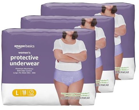 Amazon Basics Incontinence Underwear for Women, Maximum Absorbency, Fresh Protection, Postpartum, Disposable, Odor Protection, Comfortable Fit, Large, Lavender, 54 Count (3 Packs of 18)