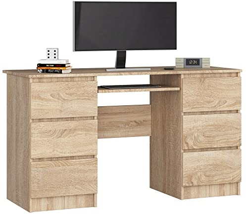 Schreibtisch Klein mit Schubladen | Office Desk | Computertisch | Bürotisch mit Tastaturablage | Holz Deko | B135 x H77 x T50 cm, 60 kg