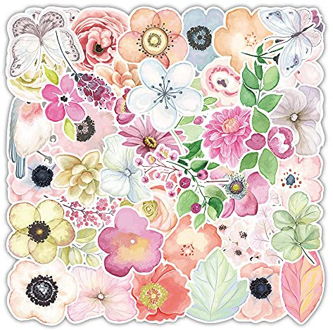 50 Pcs Cute Flower Stickers Laptop Car Scrapbook Phone Skateboard Bike Travel Case Colorful Assorted Floral Stickers Vinyl Waterproof Aesthetic Personalised Stickers for Teens Boys Girls Adults