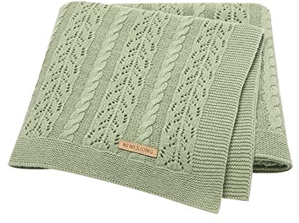 DovFanny Babydecke Baumwolle Zopfmuster gestrickt Zellular gemütlich atmungsaktiv Decke für Baby Jungen und Mädchen 90 x 70 cm hellgrün