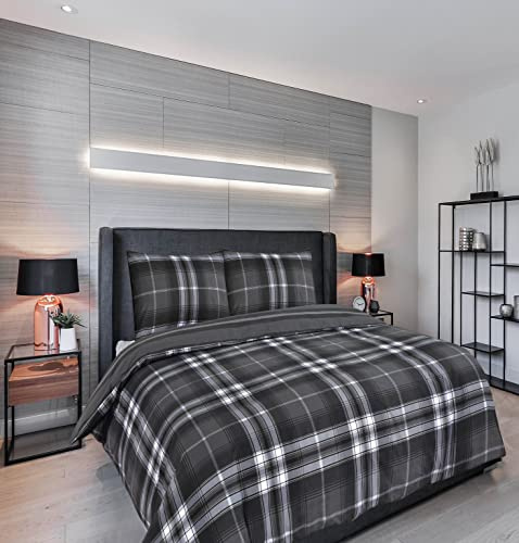 Charlotte Andersen King Charcoal Grey Highland Tartan Check Duvet Cover, Reversible Easy Care Poly Cotton Bedding With Pillow Cases (Charcoal Grey, King)