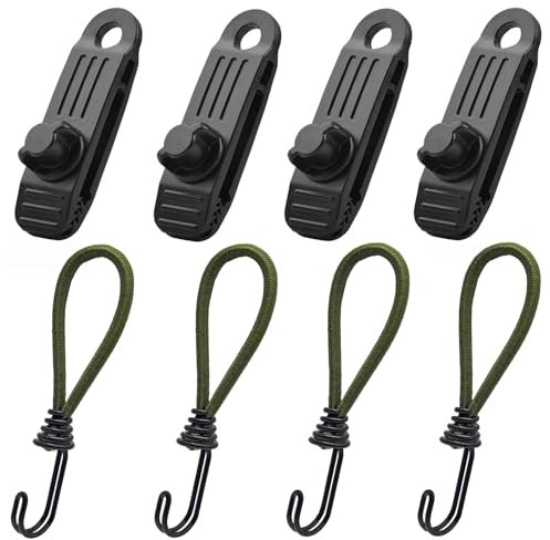 Tarp Clips per Tenda,4pz Clip per Teloni Tenda,Clip per Tende Campeggio,Clips per Teloni di Fissaggio,Morsetti per Teloni,Clips Antivento Tende da Sole con 4 Corda Elastica Gancio per Campeggio Aperto