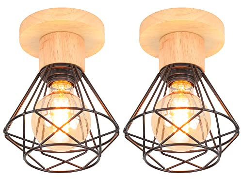 iDEGU 2 Stücke Deckenleuchten 16cm Industrielle Deckenlampe aus Holz und Metall Vintage Lampe mit Geometrischem Käfig Schwarz Lampenschirm E27 Retro Deckenbeleuchtung für Flur Wohnzimmer (2x Lampen)