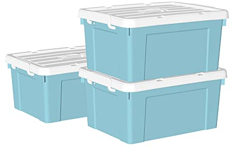 Cetomo 35L*3 Storage Boxes, Carry Plastic Storage Box with Lids, Organizing Container with Handle and Secure Latching Buckles, Stackable, Nestable, Tote Bin for Home Office Clothes, 35L-3Pack, Blue