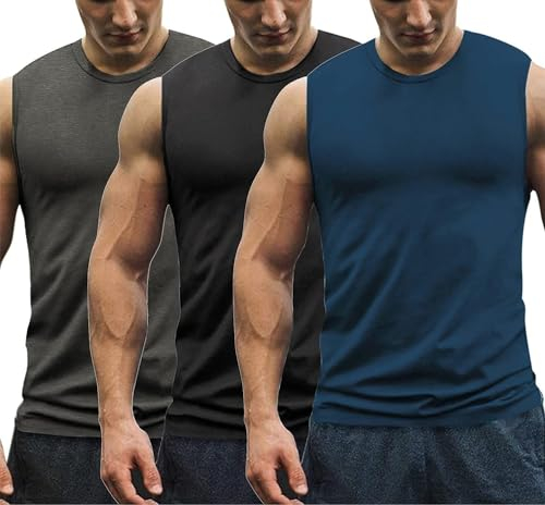 COOFANDY ämelloses Shirt Herren Muskelshirt Axelshirt Tank Top 3er Muskel Shirts ämellose Unterhemden Rundhals-Ausschnitt Schwarz/Dunkelgrau/Blau M