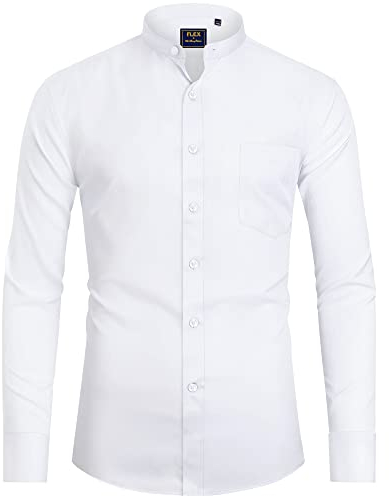 J.VER Mens White Grandad Collar Dress Shirt Regular Fit Long Sleeve Casual Non Iron Button Down Banded Collar Shirt with Pocket M