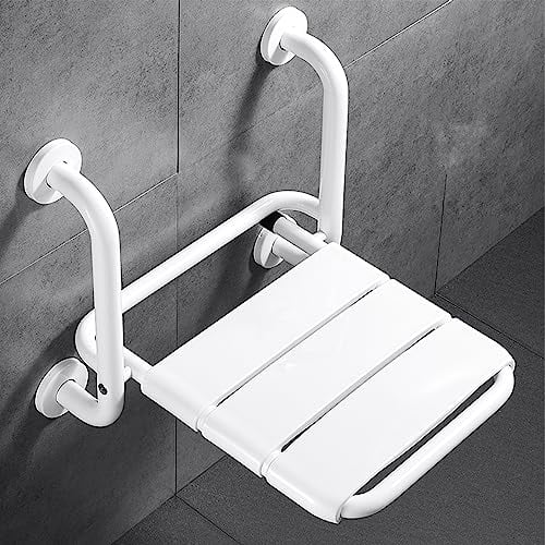 Duschklappsitz für Wandmontage, Duschsitz Klappbar mit Armlehnen, Duschstuhl Duschhocker Hohenverstellbar, bis 160KG Duschhocker für Senioren und Behinderte, Platzsparend, Weiß