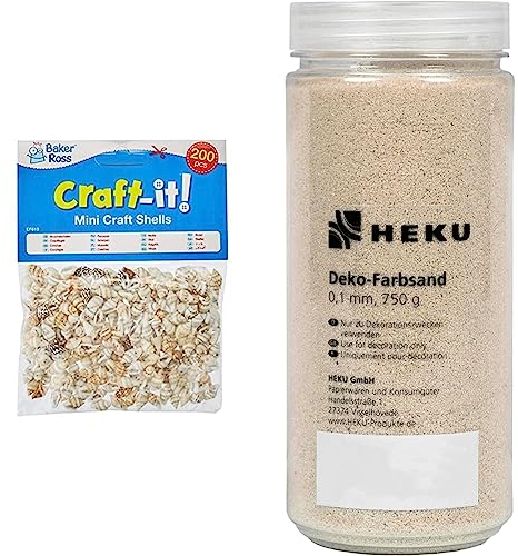 Baker Ross EF610 Natürliche Mini-Muscheln, für Kinder zum Basteln, 200 Stück & HEKU 30330-02: Dekosand/Farbsand creme, 750g, in wiederverschließbarer Dose