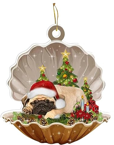 Acryl-Weihnachtsmuschel mit Schlafendem Hund, Schöner Schlafender Mops in Perlen, Dekorative Hängende Ornamente für Weihnachtsbäume, Schlüsselanhänger, Festival-Dekorationen(B)