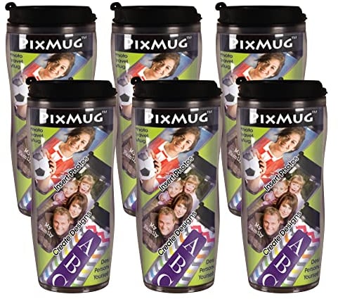 PixMug Lot de 6 tasses de voyage avec photo – The Mug That's A Picture Frame – DIY – Insérez vos propres photos ou designs – 414 ml avec couvercle rabattable