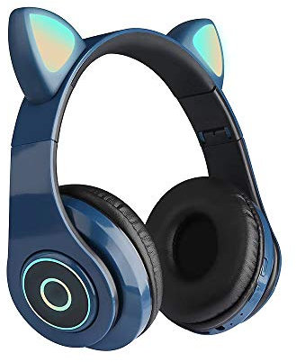 HUIOP B39 Cute Cat Ear Headset Wireless BT5.0 Foldable Gaming Headphone with Flash RGB lights Earphone TF Card Play/Wired Mode Blue,headset