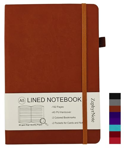 ZephyrNote Notizbuch A5 Liniert Hardcover,Premium 80 GSM Papier,Journal Buch mit 192 Seiten, Innentasche, Stiftschlaufe, elastischer Riemen, Kunstlederbezug, 14.5 x 21.3 cm (Braun)