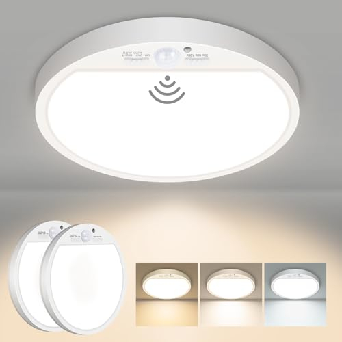 slochi 2 Stück Lampe Deckenlampe mit Bewegungsmelder Innen, 15W 1500LM LED Deckenleuchte mit Bewegungsmelder, 3000K/4000K/6500K Rund Sensor Licht für Flur Treppe Küche Balkon Abstellraum Keller, Ø18CM