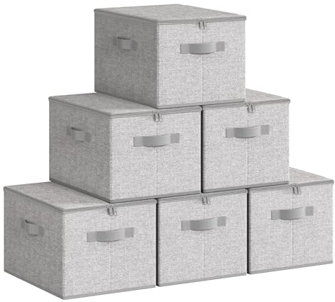 SONGMICS Foldable Storage Organiser Boxes, Set of 6 Storage Basket Bins with Lids, Handles, Clothes Organiser, 40 x 30 x 25 cm, Non-Woven Fabric, Dove Grey RZB003W02
