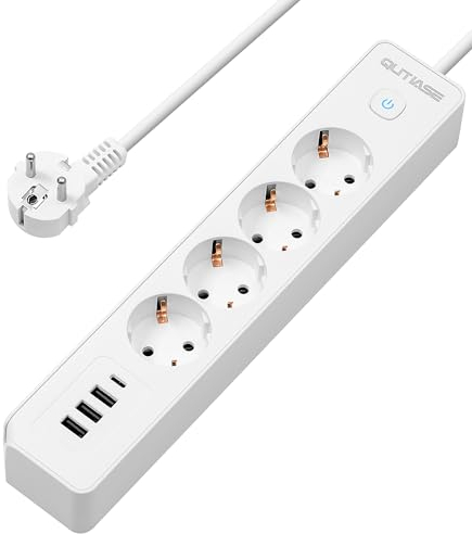 Regleta Enchufes con USB y Tipo C, Regleta Enchufes Proteccion Sobretension 4 Tomas con Interruptor, Ladron Enchufes con Cable de 1,8 Metros, 3680W - Blanco