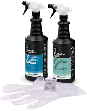ERRECOM Kit limpieza aire acondicionado, incluye Clima-Net 1L limpieza unidad interna y filtros, detergente alcalino Bio Alkaline 1L tensioactivos biodegradables limpieza de unidad externa, guantes