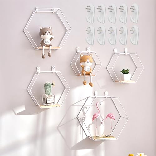 Aisny 5er Set Hexagon Wandregal Weiß Metall, Hängeregal Hexagon Wandregal Ablage, Regal Wand Deko Hängeregal Loft Wandregale für Wanddeko in Wohnzimmer, Schlafzimmer, Bad, Café, Hotel, Wanddekoration
