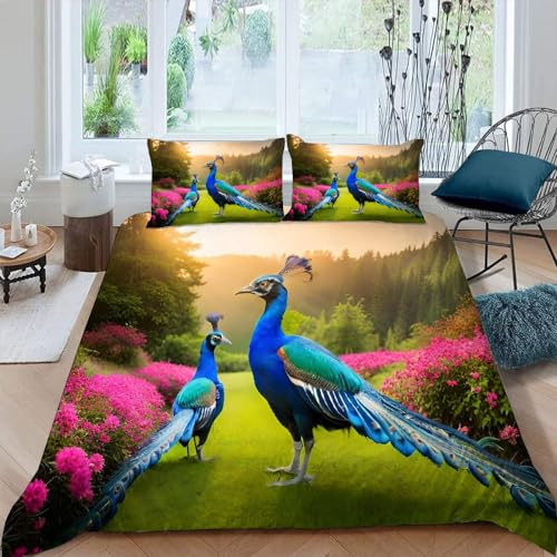 VIMOOR Bettwäsche 135x200 Pfau 3D Bettwäsche Set 3teilig für Kinder Jungen Mädchen Blumen Tiere 100% Mikrofaser Weich Teenager Bettbezug mit Reißverschluss und 2 Kissenbezüge 80x80 Winter