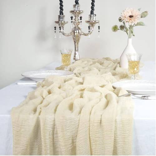 Tischläufer Beige, 90x300 cm Boho Käsetuch Tischläufer, Halbdurchsichtiger Dekostoff, Käsetuch Tischläufer für Babyparty, Geburtstagsparty, Hochzeit Tischdeko