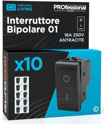 Interruttore Bipolare di Corrente 16A 250V I/O Compatibile con BTicino Living a Incasso da Muro Frutti Elettrici Colore Antracite - Confezione da 10