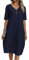 Sommerkleid Damen V-Ausschnitt Leinen Kleider Kurzarm A-Linie Kleid Midikleid Strandkleid Freizeitkleid mit Taschen