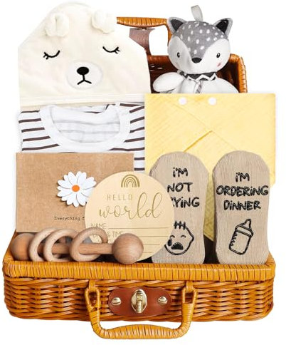 Idota Baby Geschenk Junge, Neugeborenen Geschenk 9 in 1 Set Babyparty Geschenk, Kapuzenhandtuch Baby, Fuchspuppe, Holzrassel, Baby Lätzchen, Grußkarte, Socken, Meilensteinkarten Baby, Souvenir-Box usw