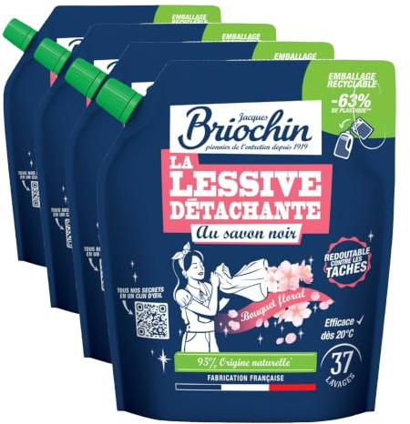JACQUES BRIOCHIN - Recharge lessive détachante au savon noir - Parfum bouquet floral - 37 lavages - Redoutable contre les taches - 95% d'origine naturelle - Fabriqué en France - 900ml