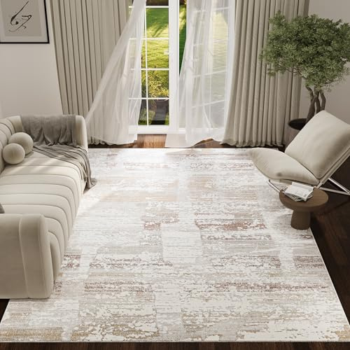 TAPISO Trend Teppich Kurzflor - Moderner Teppich Hohe Qualität - Eleganter Wohnzimmerteppich in Creme Beige mit Braun - Quadrate Abstrakt - Easy-Care Teppich - OEKO-TEX 140 x 200 cm