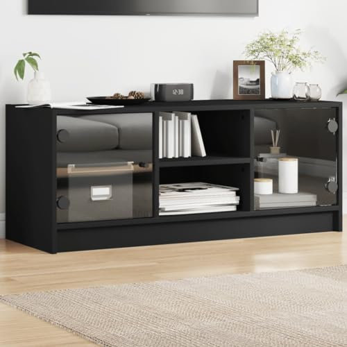 MOBCANT Mobile Porta TV, Mobiletto tv basso Porta TV basso Mobili tv soggiorno Mobile TV modern Utilizzabile per Hotel Ufficio Camera da letto Lounge con Ante in Vetro Nero 102x37x42 cm