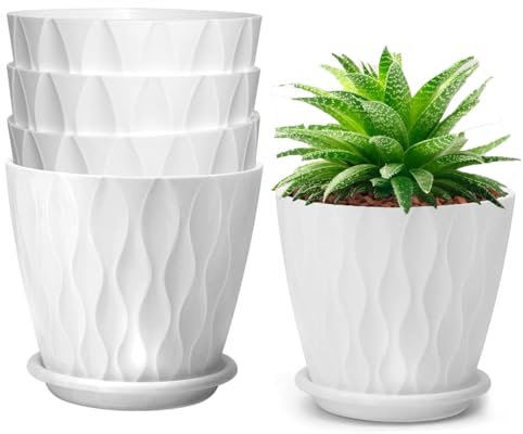 Zinaroty 5 Pack di vasi per piante in plastica, vasi da fiori moderni da 15 cm con fori di drenaggio e piattino per piante da interno e da esterno (Bianco)