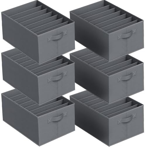 Niviy Kleiderschrank Organizer 6er Set,Aufbewahrungsbox 7 Fächer Schubladen Ordnungssystem,Schrank Organizer Faltbar, Für Ihrer Kleidung,Hosen,Wickelutensilien,Pullover,Unterwäsche(L44*B30*H20cm Grau)