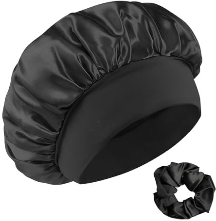 Cuffia Seta Capelli Notte con Elastici per Capelli, Cuffia in Raso per Dormire, Bonnet Seta per Capelli Ricci, Cuffia per Dormire per Proteggere i Capelli, Nero