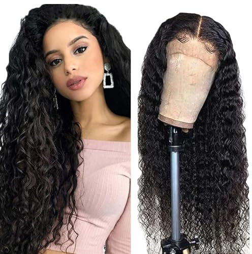 Hxxcoup Human Hair Wig Water Wave Natural Black 13x4 Lace Front Echthaar Perücke Perücke Damen Glueless Wear and Go Blenched Knots with Baby Hair for Woman Minimal Smell 22 Zoll